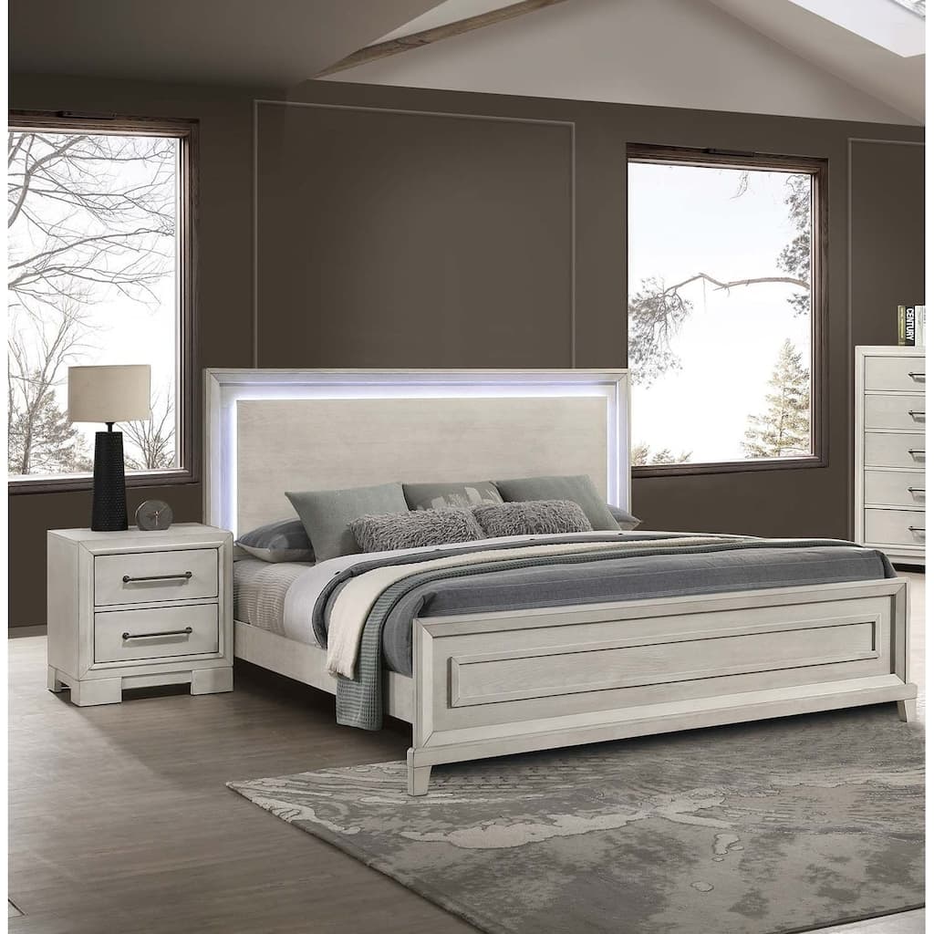 Contemporary Style 3pc Bed 2x Nightstand Set Metal Handles Wooden Headboard Antique White Finish Bedroom Furniture