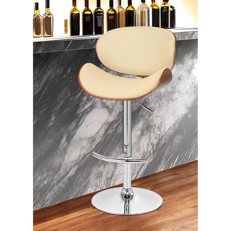 HomeRoots Cream and Silver Faux Leather and Solid Wood Low Back Adjustable Height Swivel Bar Chair - 21 - Single - Extra Tall