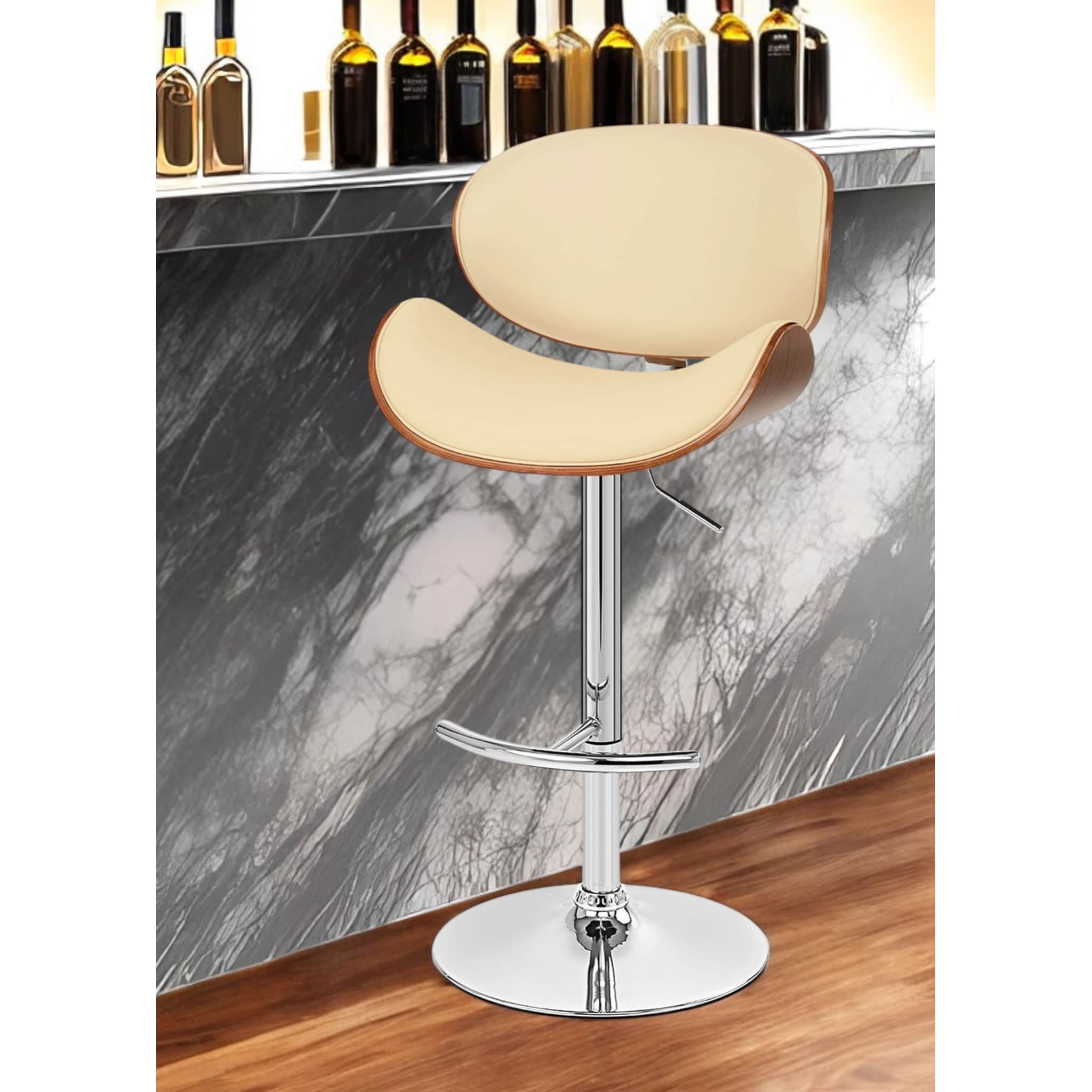HomeRoots Cream and Silver Faux Leather and Solid Wood Low Back Adjustable Height Swivel Bar Chair - 21