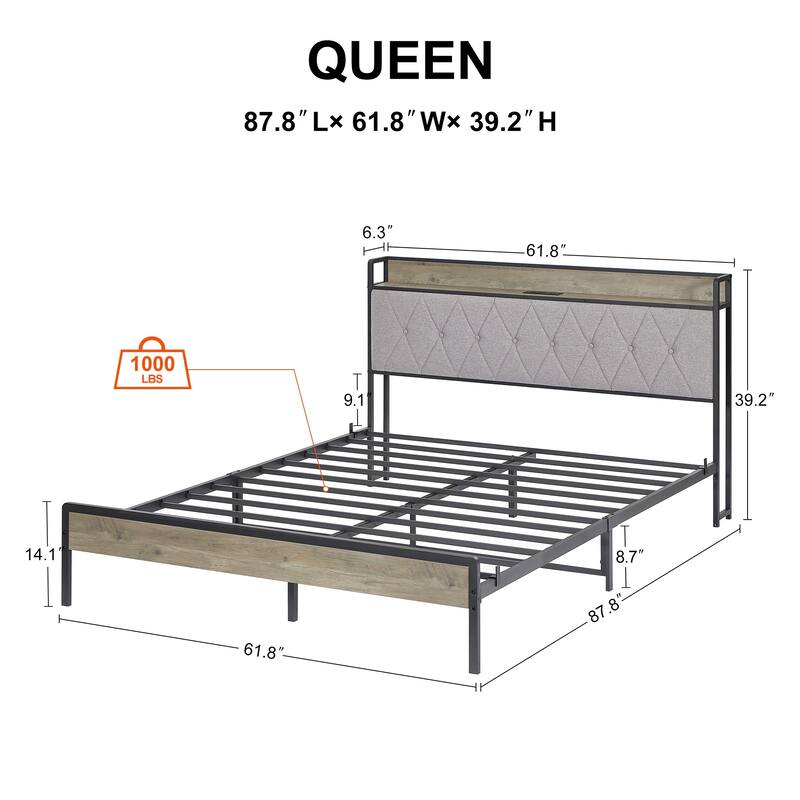 Full and Queen Size Bed Frame with Charging Station and Storage.