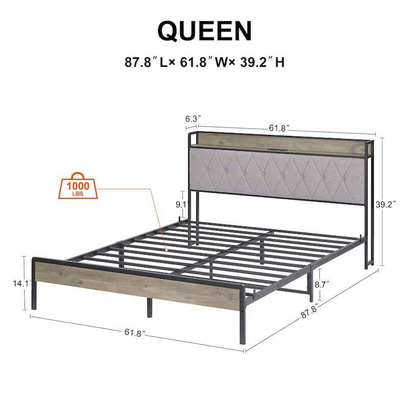 Grey Queen Size Bed Frame with Charging Station, Particle Board and Steel, 2 USB Ports,
