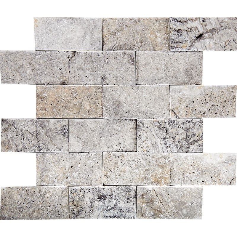 Argento Travertine 2" x 4" Split Face Mosaic Tile - 4 Sheets (4.00 sf) - Silver