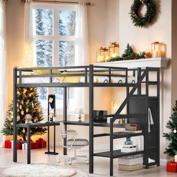 slide 2 of 18, Full Size High Loft Bed with L-shaped Desk and USB, with Wardrobe and Adjustable Shelf, with LED for Kids Teens Adults,Black Black