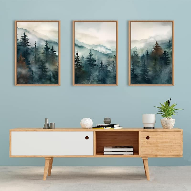 Nature Landscape Wall Decor, Foggy Mountain Pine Trees Wall Painting