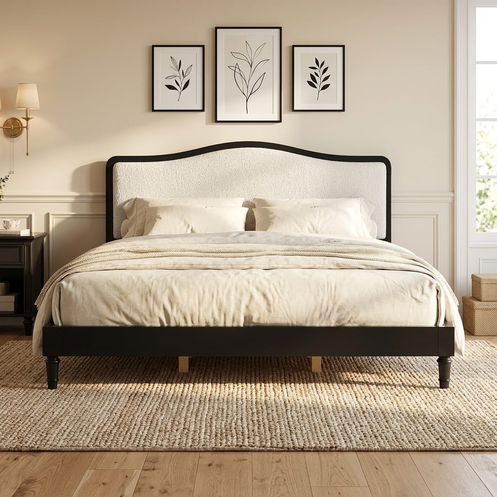 Arched Bouclé Panel Platform Bed with Sculpted Wood Frame by Harper&Bright Designs