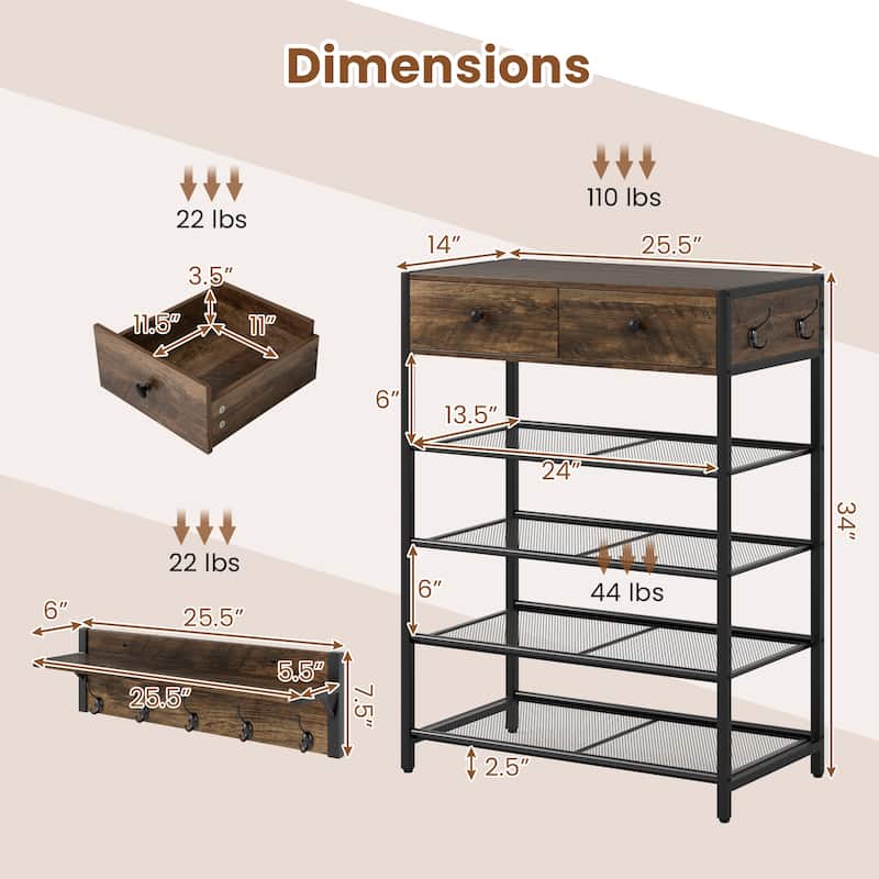 Gymax 5-Tier Shoe Rack w/ Wall-Mounted Coat Rack Hooks Drawers &