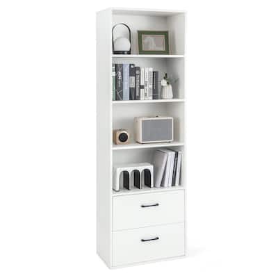 74" Tall 4-Tier Bookcase with Drawers - Freestanding White Narrow Bookcase with Anti-Tipping Kits, Wood Open