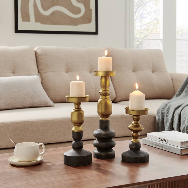 Vintage Style Candle Holders - 13.5" - Antique Brass and Brown - Set of 3