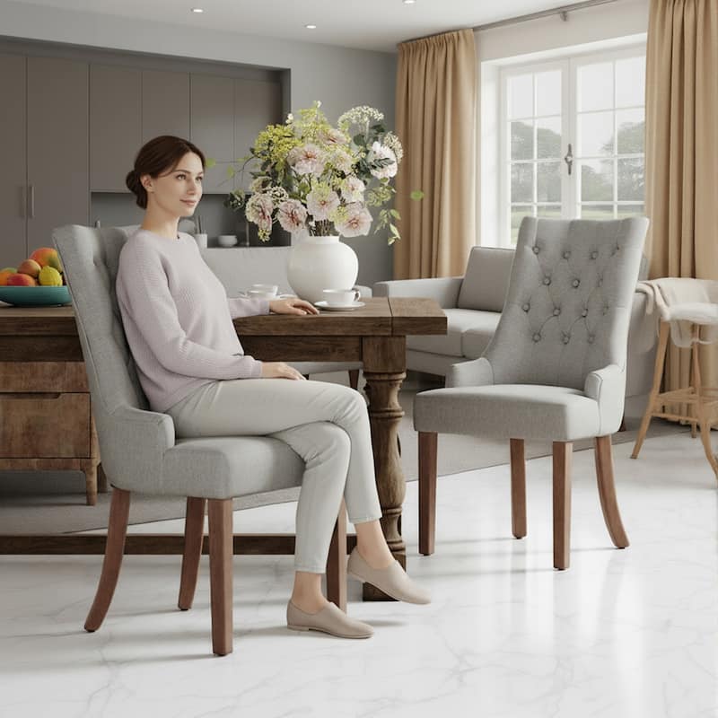 Wingback Upholstered Dining Chairs, Fabric Side with Tufted Button