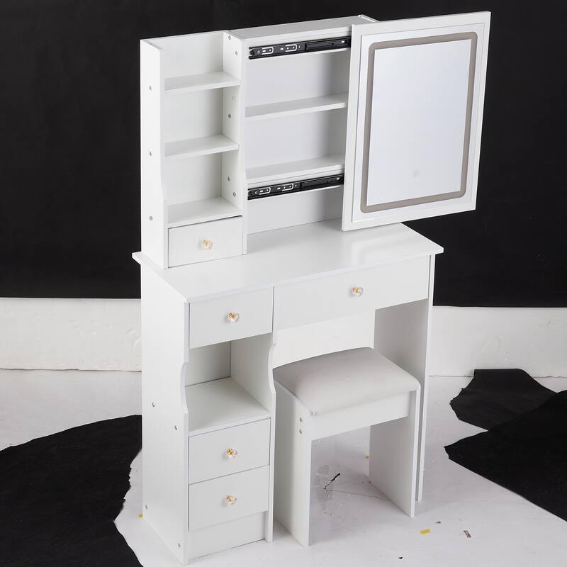 Dressing Table Stool Set with Brightness Adjustable Touch LED Mirror