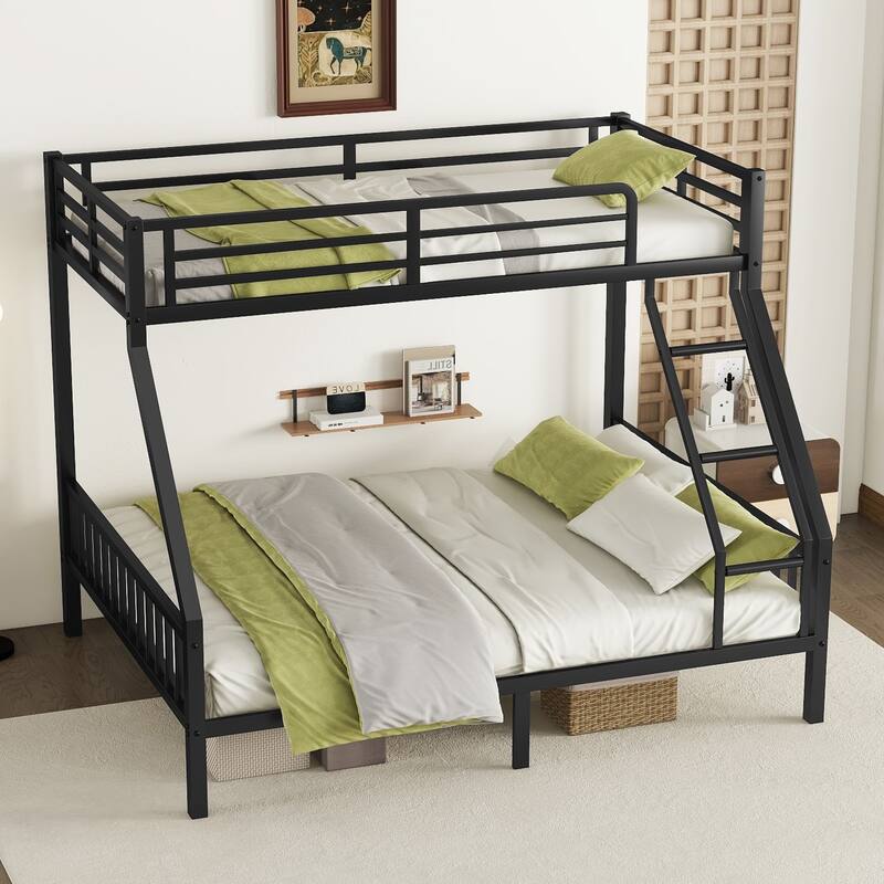 Modern Full XL Over Queen Size Metal Frame Bunk Bed with Ladder and Slats Support, Black