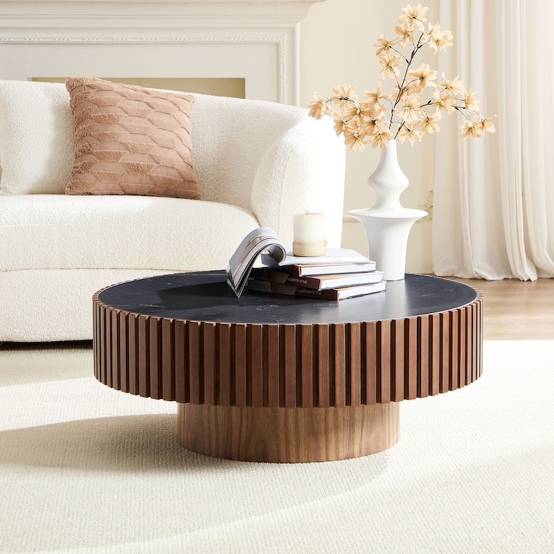 Luxury Round Coffee Table with Faux Marble Top, 35.43" Modern Low Drum Shape Cocktail Table for Living Room, Reception Room