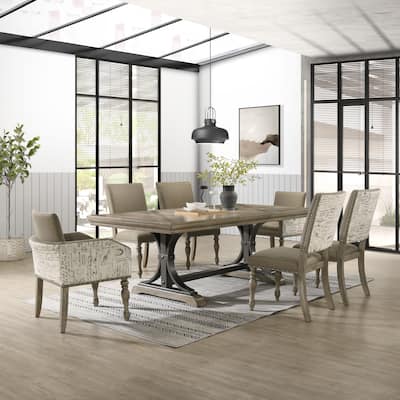 Roundhill Furniture Birmingham 7-Piece Dining Set, Extendable Table with Nailhead Chairs, Driftwood Finish