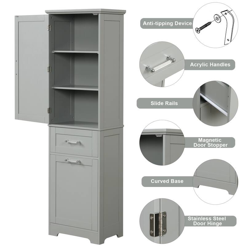 Modern Bathroom Storage Cabinet with Drawers and Adjustable Shelf, Freestanding Floor Cabinet with Acrylic Handles
