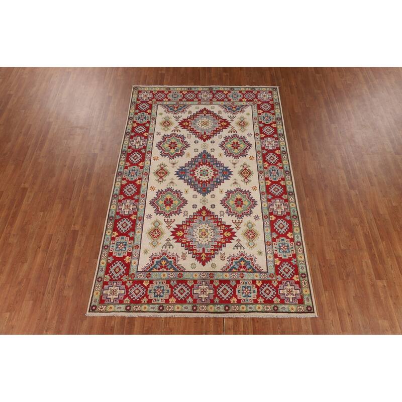 Beige / Ivory Traditional Kazak Oriental Area Rug Handmade Wool Carpet - 6'7" x 9'10"