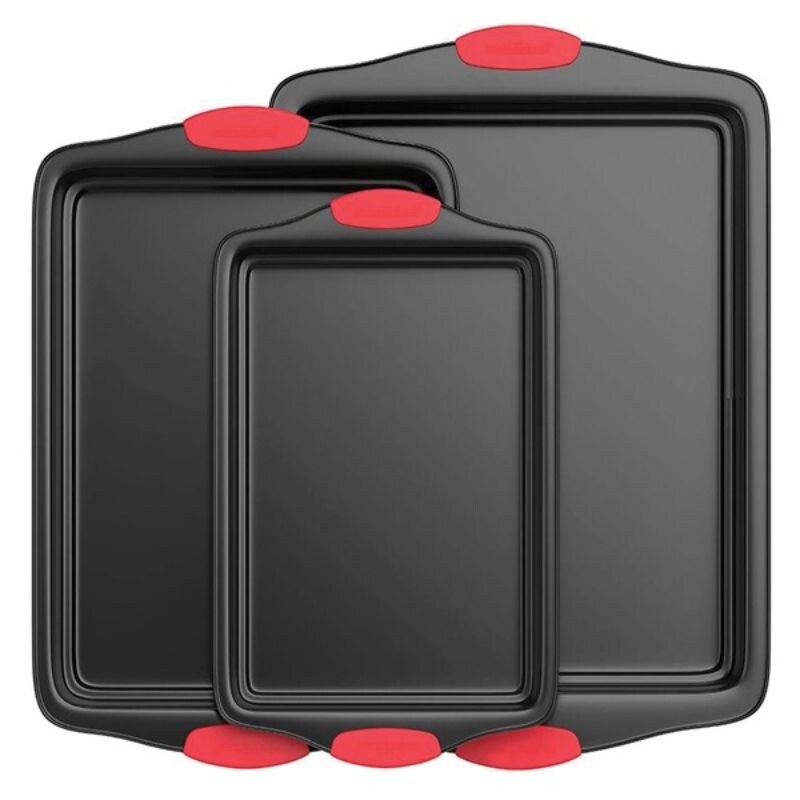 NutriChef NCSBS3S 3-Piece Steel Non-Stick Bakeware Set - Red, Black
