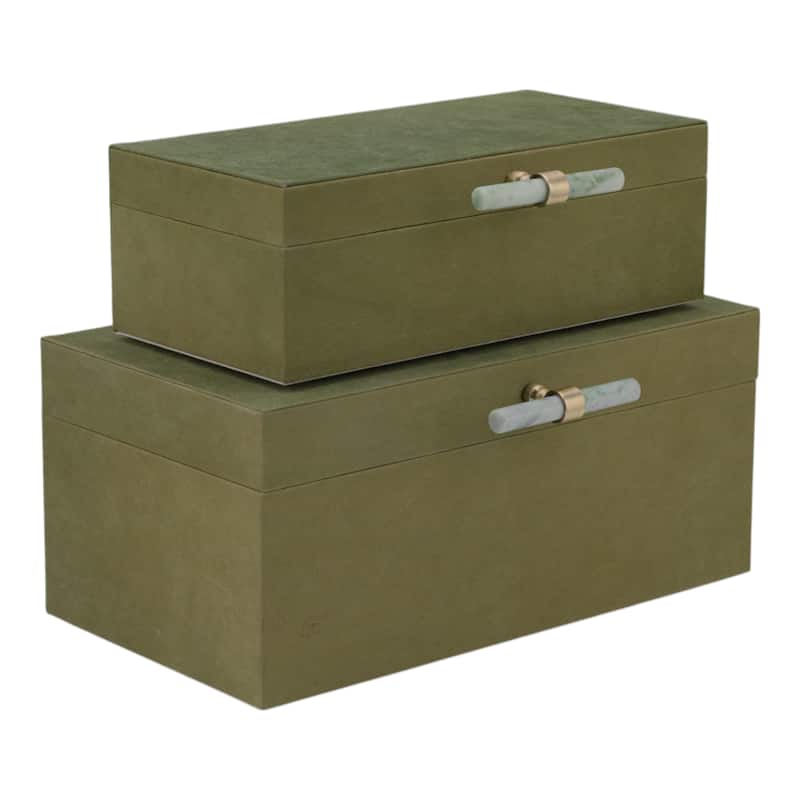 Decorative Rectangular Suede Box with Lid for Home Decor - Set of 2, 14", Green - 14" x 8" x 6"