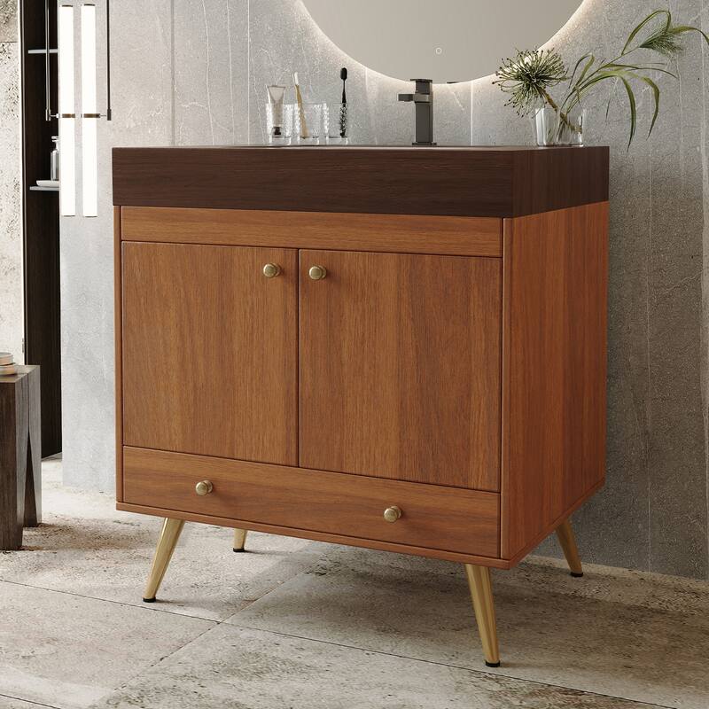 Mid-Century 30" Freestanding Bathroom Vanity with Faux Marble Top, Ceramic Sink & Gold Legs Cabinet
