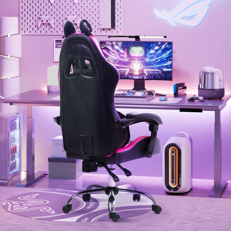 Cute Gaming Chair with Cat Paw Lumbar Cushion and Cat Ears, Ergonomic Computer Chair,Reclining PC Game Chair