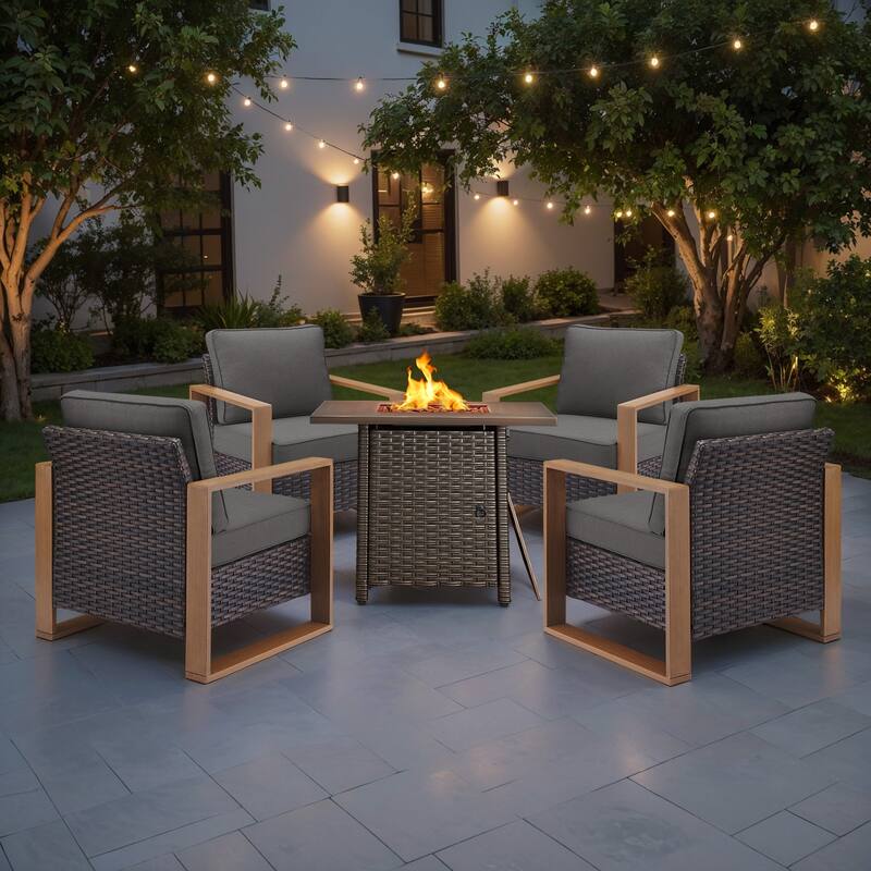 Meyreso 5-Piece Wicker Patio Conversation Set with Fire Pit & Plush 4.5" Olefin Cushions - Brown Wicker - Gray Cushions