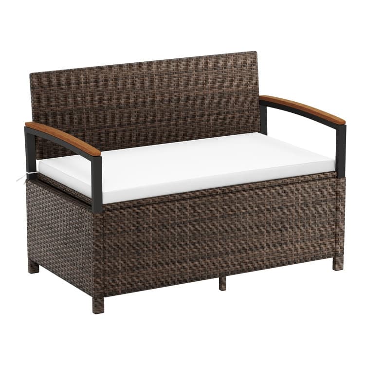 Mix Brown PE Rattan Outdoor Storage Bench with Beige Cushion and 46-Gal Capacity - 47" × 24" × 33"