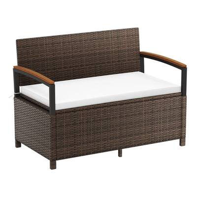Mix Brown PE Rattan Outdoor Storage Bench with Beige Cushion and 46-Gal Capacity - 47" × 24" × 33"
