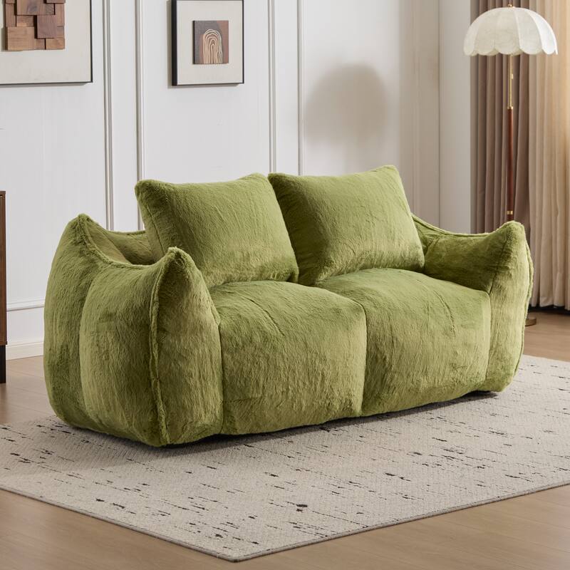 Fabric Upholstered Oversized Chase Lounge Loveseat Bean Bag Lazy Sofa with 2 Pillows