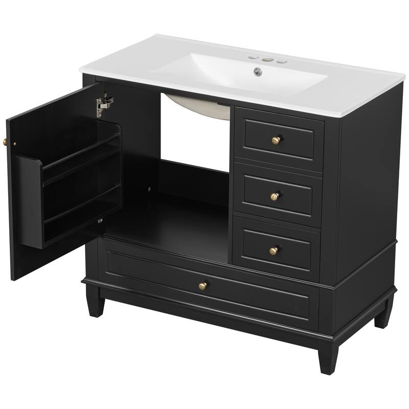 Roomfitters 36" Bathroom Vanity with Ceramic Sink, Solid Wood Frame, 3 Drawers & Soft-Close Door with Racks