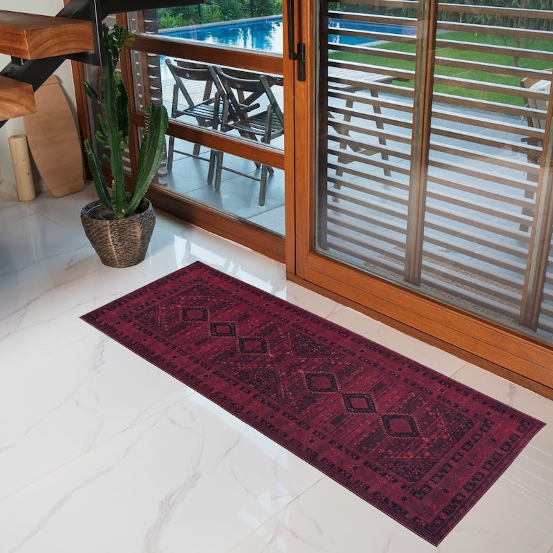 Machine Washable Area Rug-Olympus Turkoman Oriental Bokhara Burgundy