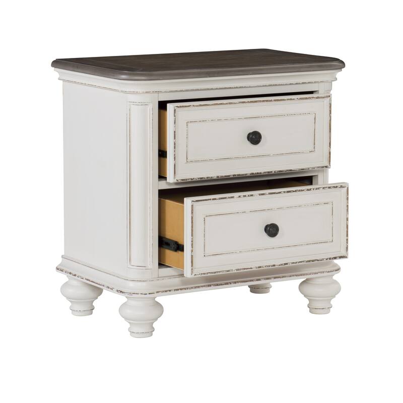 Antique White & Brown-Gray Nightstand, Drawers, Black Knobs, Traditional Design