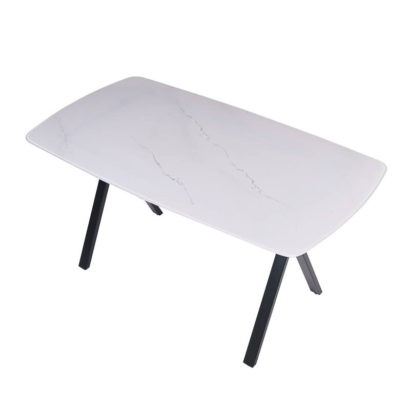 Rectangular dining table featuring a tempered glass tabletop with a marble-patterned design for restaurant dining settings