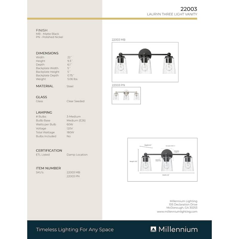 Millennium Lighting Lauryn 3/4 Light Vanity Fixture