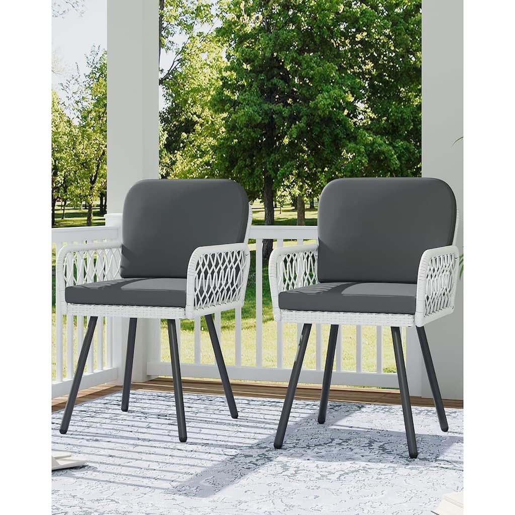 Patio Dining Chairs Set of 2 with Black Metal Frame & White Hand for Backyard