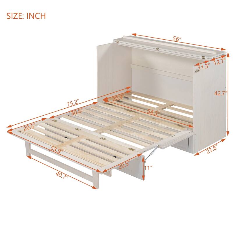 Space-Saving Full Size Murphy Bed with USB Ports and Storage Drawers, Brushed White