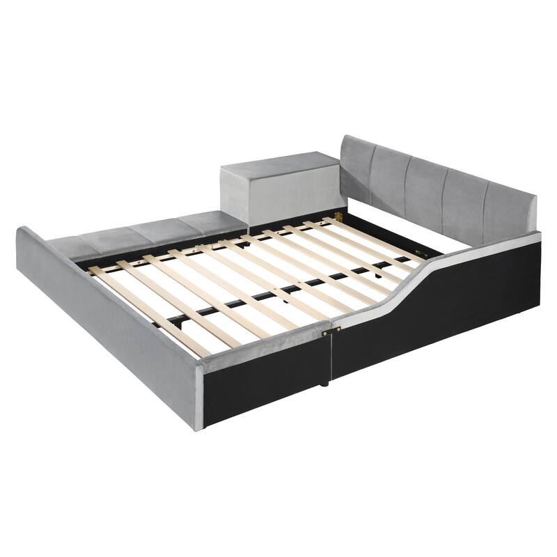 Full Size Upholstered Platform Bed with Bedside Desk and Stool, Velvet, Gray