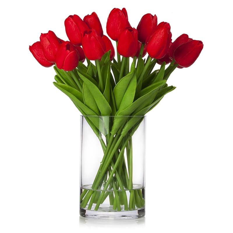 Enova Home 20 Pieces Artificial Real Touch Tulips Fake Silk Flowers Arrangement in Glass Vase with Faux Water for Home Decor - Red
