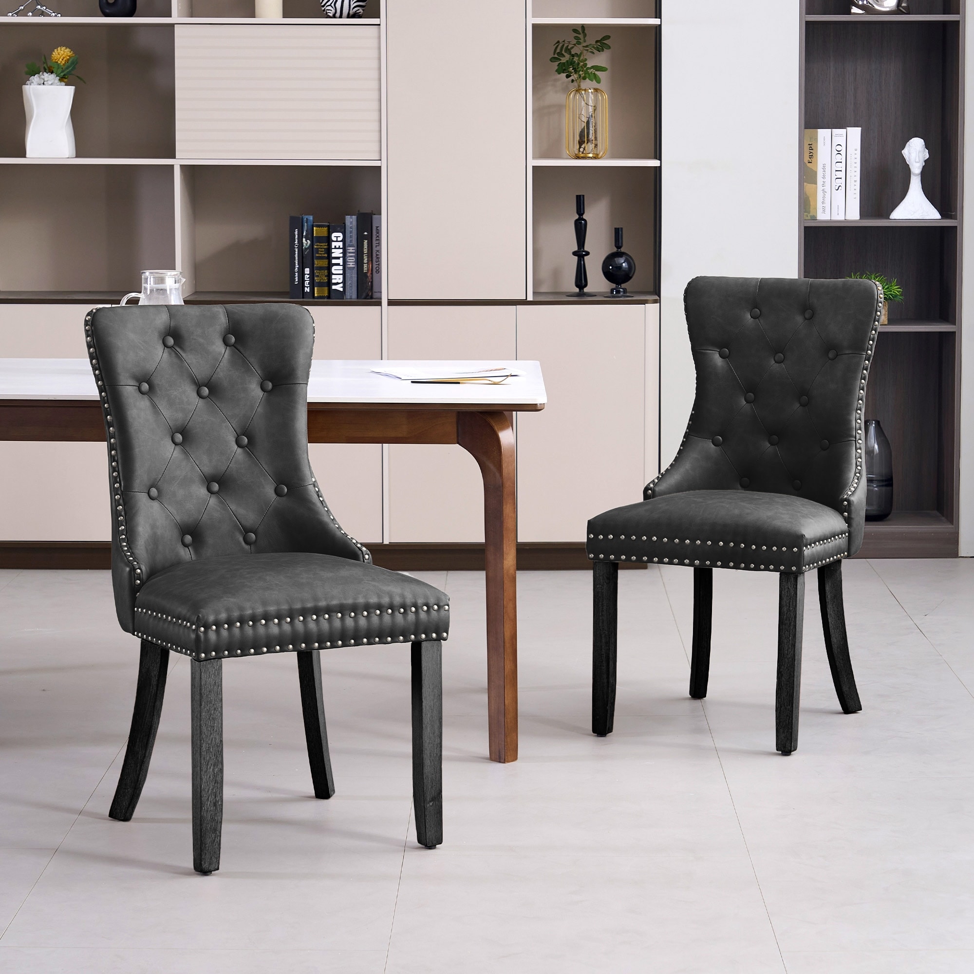 Faux Leather Dining Chairs with Nailhead Trim and Button Tufted Back (Set of 2)