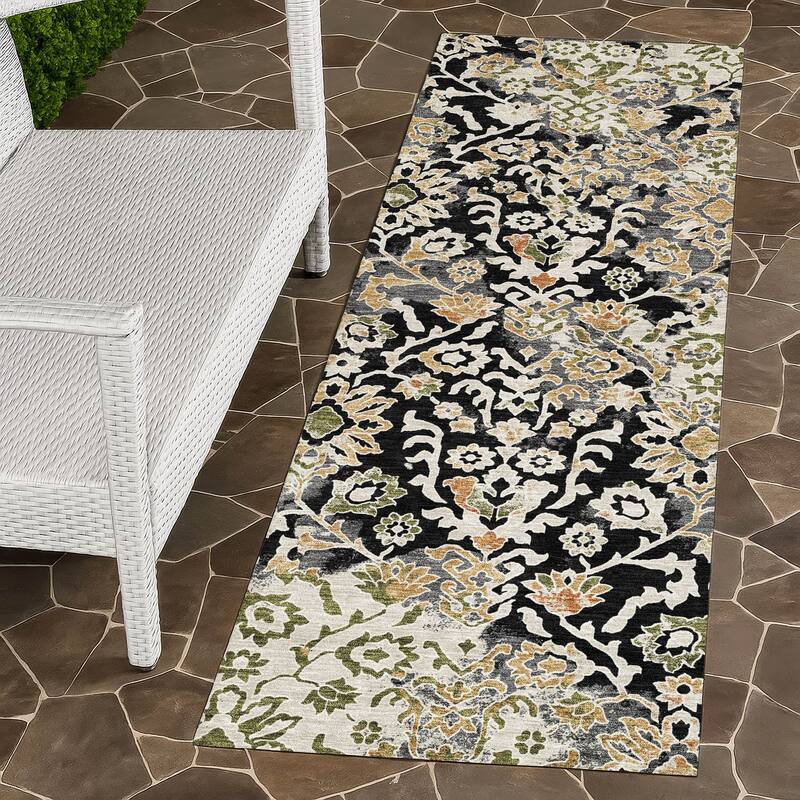 Machine Washable Indoor/ Outdoor Global Avon Chantille Rug - Black - 2'3" x 7'6"