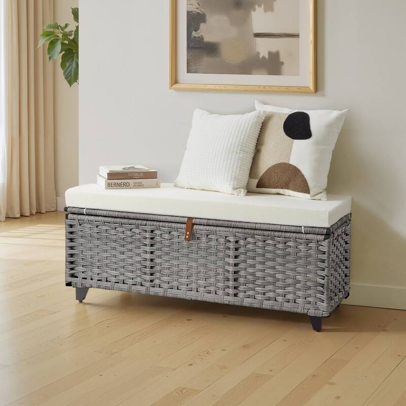 Wicker Storage Bench with Cushion for Bedroom, Living Room, Porch - 18.5'' H X 43.3'' W X 18.5'' D