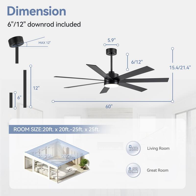 60" Modern Reversible 7-Blade LED Ceiling Fan with Remote and Light Kit