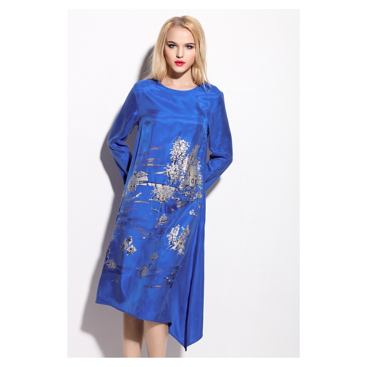 Shop Casual Royal Blue Floral Print Knee Length Dress With Long