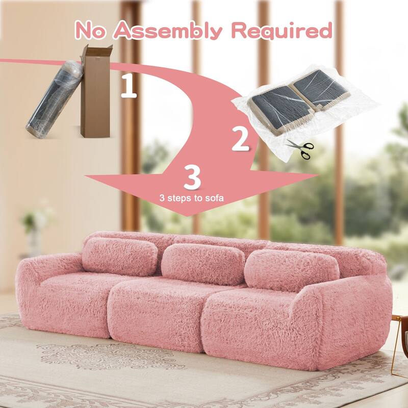 Rossetta 114'' 3-seater Soft Fluffy Plush Fabric Modular Sectional Deep Sofa Couches with Throw Pillows, Buckle Connection