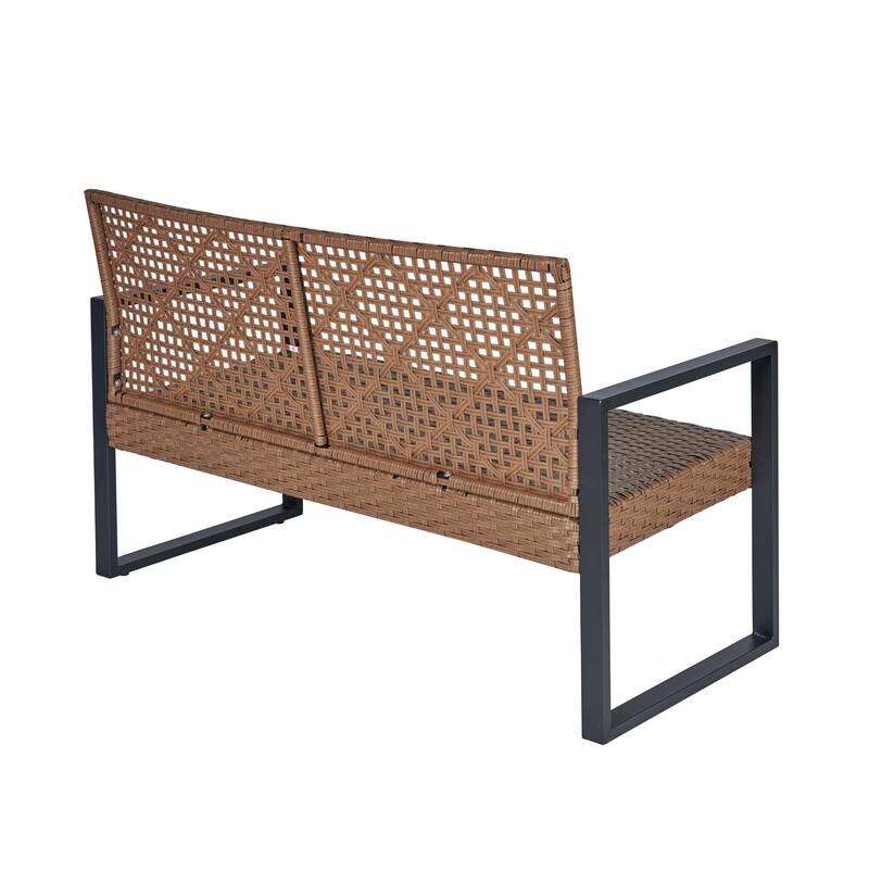 4-Piece Outdoor Patio Rattan Conversation Sofa Set with Acacia Wood Coffee Table and 2 Armchairs