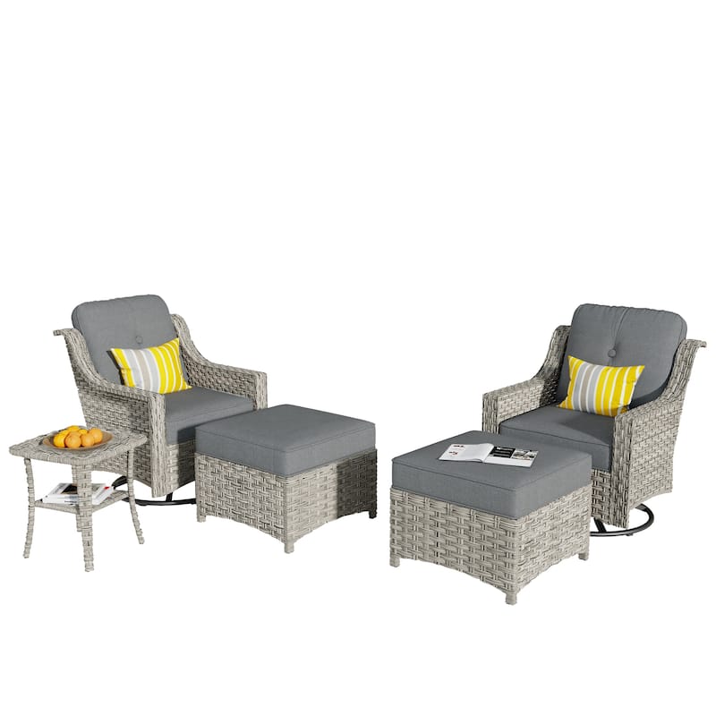 HOOOWOOO 5-piece Rattan Outdoor Furniture Patio Swivel Chair Chat Set with Ottoman