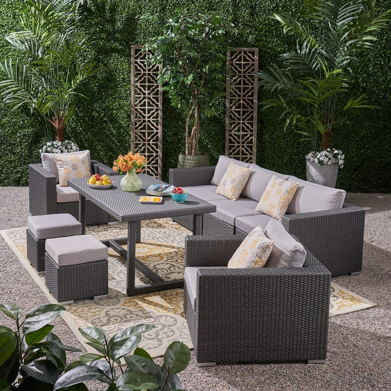 Santa Rosa PE Wicker/ Aluminum Outdoor 7-Seat Sofa Dining Set by Christopher Knight Home - Gray + Silver Cushion