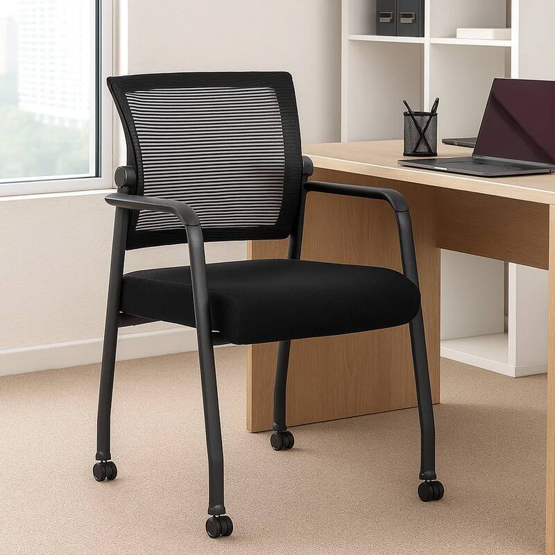 Akon Guest Armchair, Black Mesh, Steel Frame, Smooth-Roll Casters
