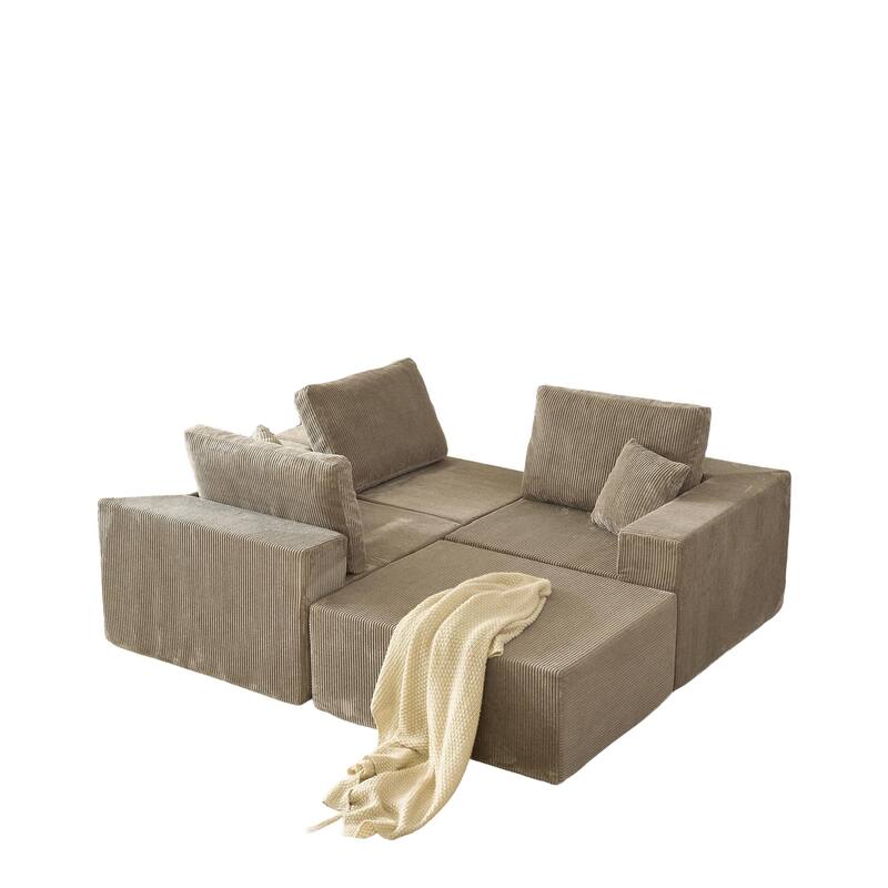 Modular L Shaped Sectional Sofa with Ottoman, Corduroy Boneless Cloud Sofa, 3 Seater Upholstered Sofa with 2 Pillows