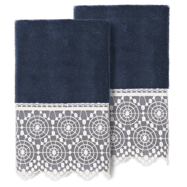 Authentic Hotel and Spa 100% Turkish Cotton Arian 2PC Cream Lace Embellished Hand Towel Set - Navy