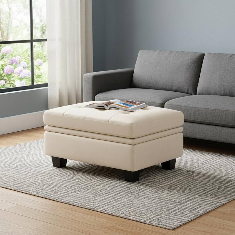 HomeRoots 32" Beige and Black Velvet Tufted Storage Ottoman - Beige
