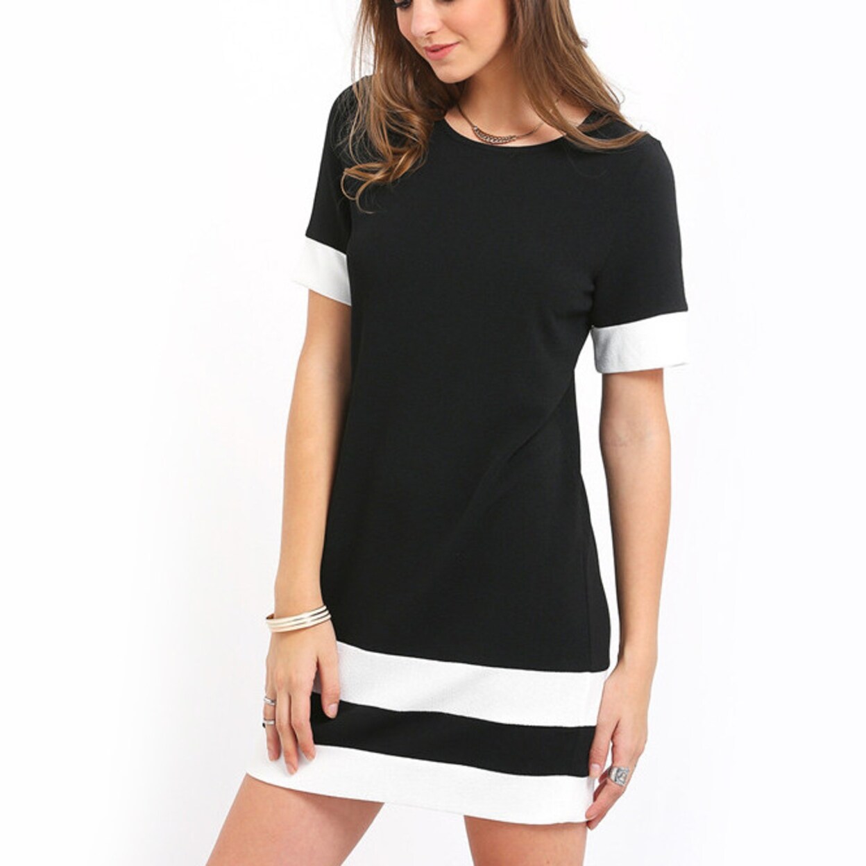 black short sleeve round neck patchwork dress